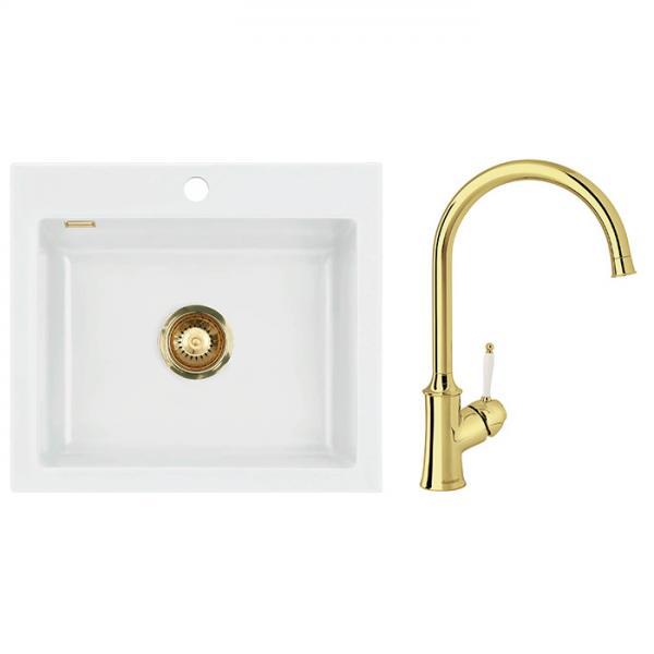 Lavabo Mera 57 porcelænskøkkenvask m/køkkenarmatur i poleret messing