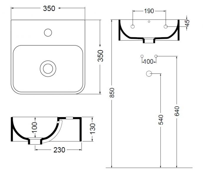 Lavabo Axa 1020 35 håndvask t/væg eller bord - 1 hanehul