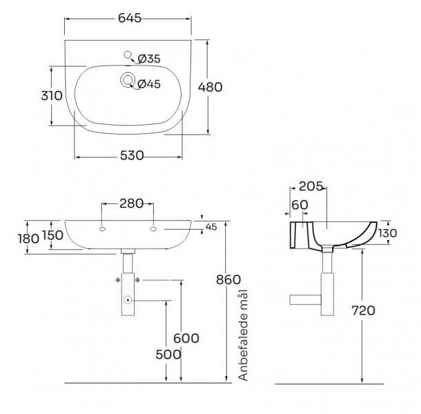 Lavabo Practica 64 h&aring;ndvask t/v&aelig;g - 1 hanehul