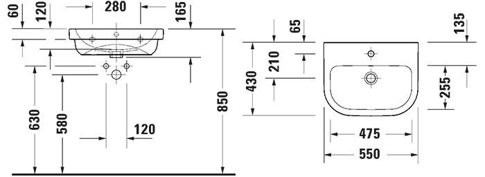 Duravit D-code 55 håndvask t/væg - 1 hanehul
