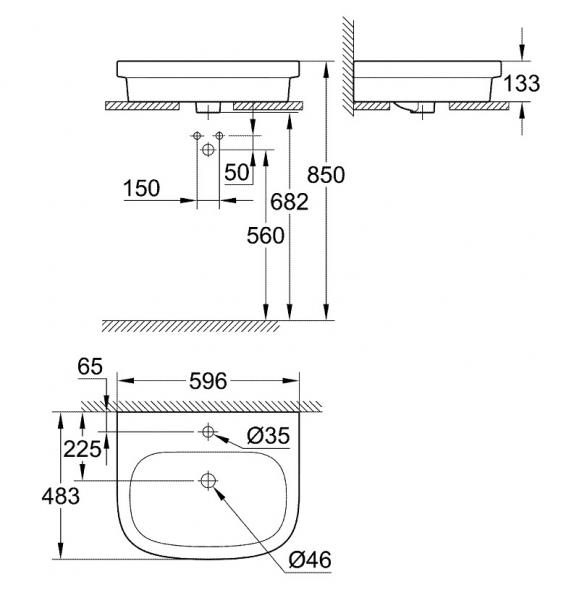 Grohe Euro 60 bowlevask op til væg - 1 hanehul - Med overløb
