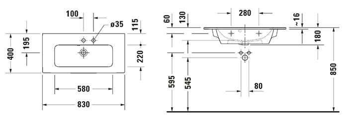 Duravit ME by Starck 83 Compact møbelvask - 1 hanehul