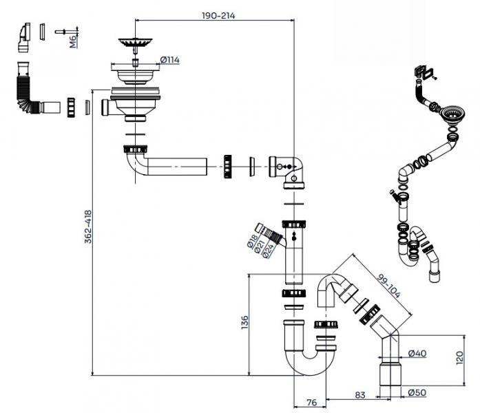 Lavabo Classic S2 bundventilsæt inkl. vandlås m/overløb - Rustfrit stål