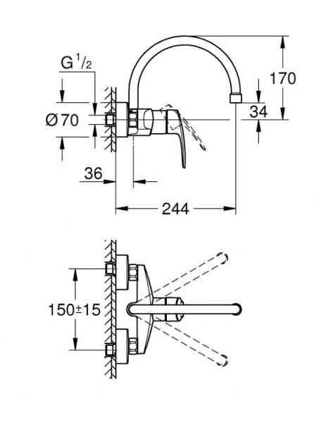 Grohe Eurosmart k&oslash;kkenarmatur til v&aelig;g m/svingtud