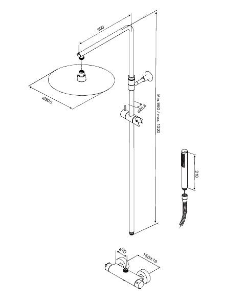 Damixa Iris 300 komplet brusesystem m/termostat - Børstet kobber Damixa Iris 300 komplet brusesystem m/termostat - Børstet kobber
