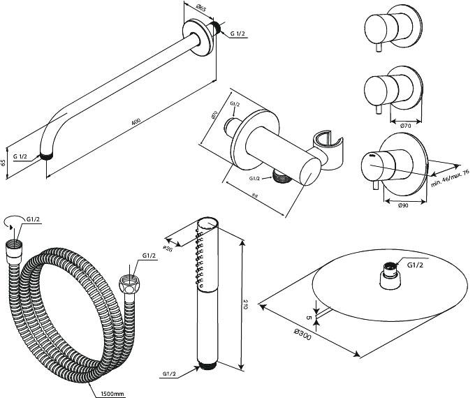 Damixa Iris XS 1 300 brusesæt til indbygning - Steel