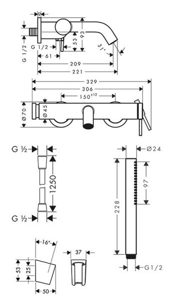 hansgrohe Tecturis komplet badekararmatur m/Eco slim håndbruser - Krom