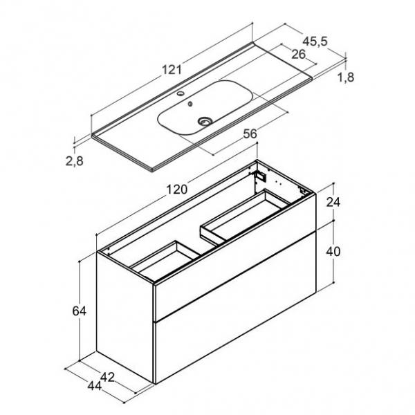 Dansani Luna 121 m&oslash;bels&aelig;t m/Kantate vask, h&oslash;j skuffe og indretning - Varm eg