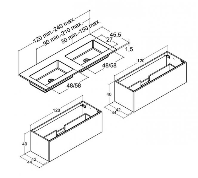 Dansani Luna Urban 240 møbelsæt m/Minore dobbeltvask og skuffer - Brun eg