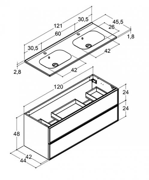 Dansani Luna Urban 120 møbelsæt m/Kantate dobbeltvask og skuffer - Brun eg/sort ramme