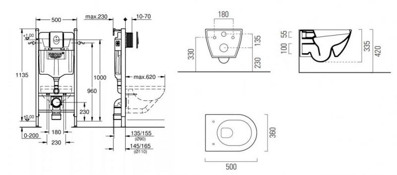 GSI Pura Tortora 50 toiletpakke inkl. sæde m. softclose, cisterne og mat sort betjening