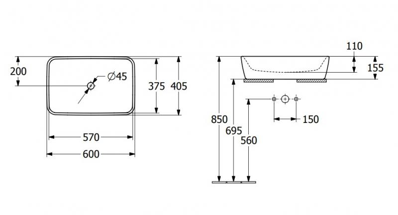 V&B Architectura 60 square fritstående bowlevask - Med overløb V&B Architectura 60 square fritstående bowlevask - Med overløb